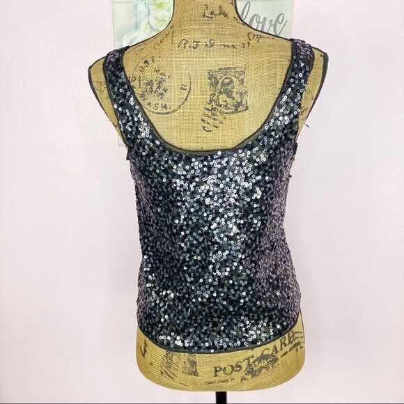 Express Sequin Scoop Neck Cropped Tank Top Black Silver Small - Picture 4 of 9